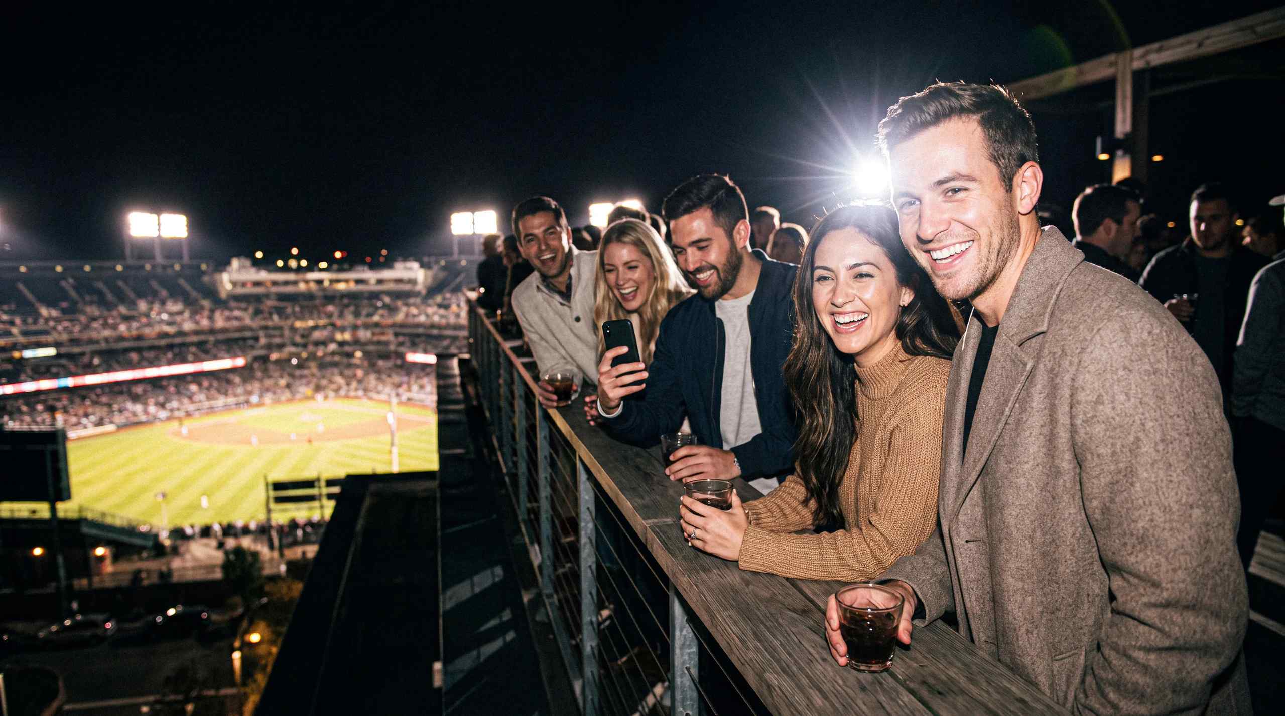 A group of people enjoying some drinks with a Cubs game in the background.